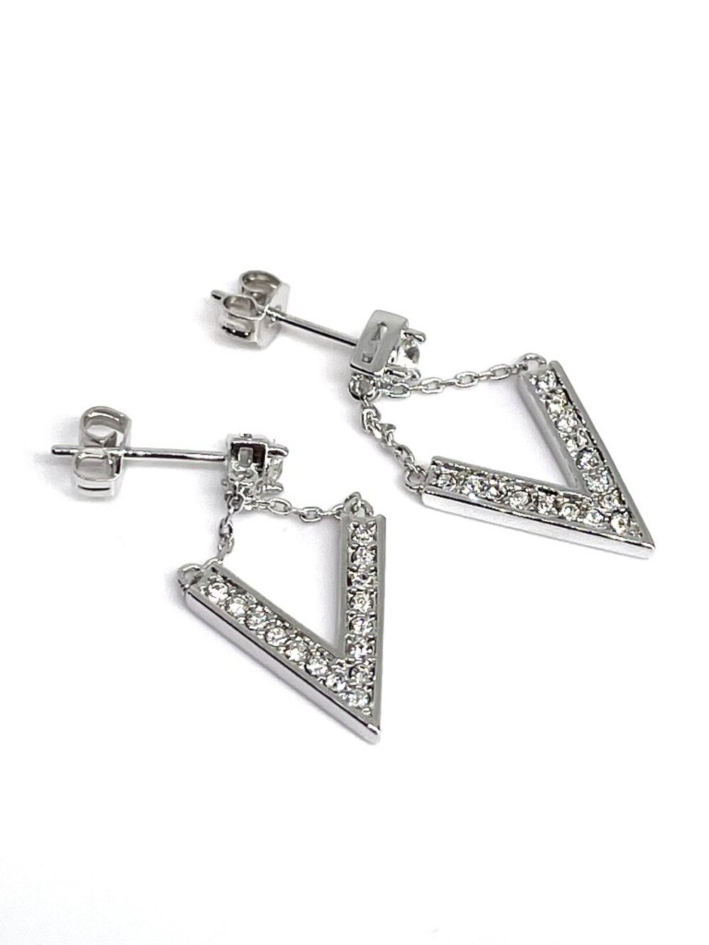 V-Shaped Rhodium Plated Drop Dangle Earrings, made with Crystals by Swarovski